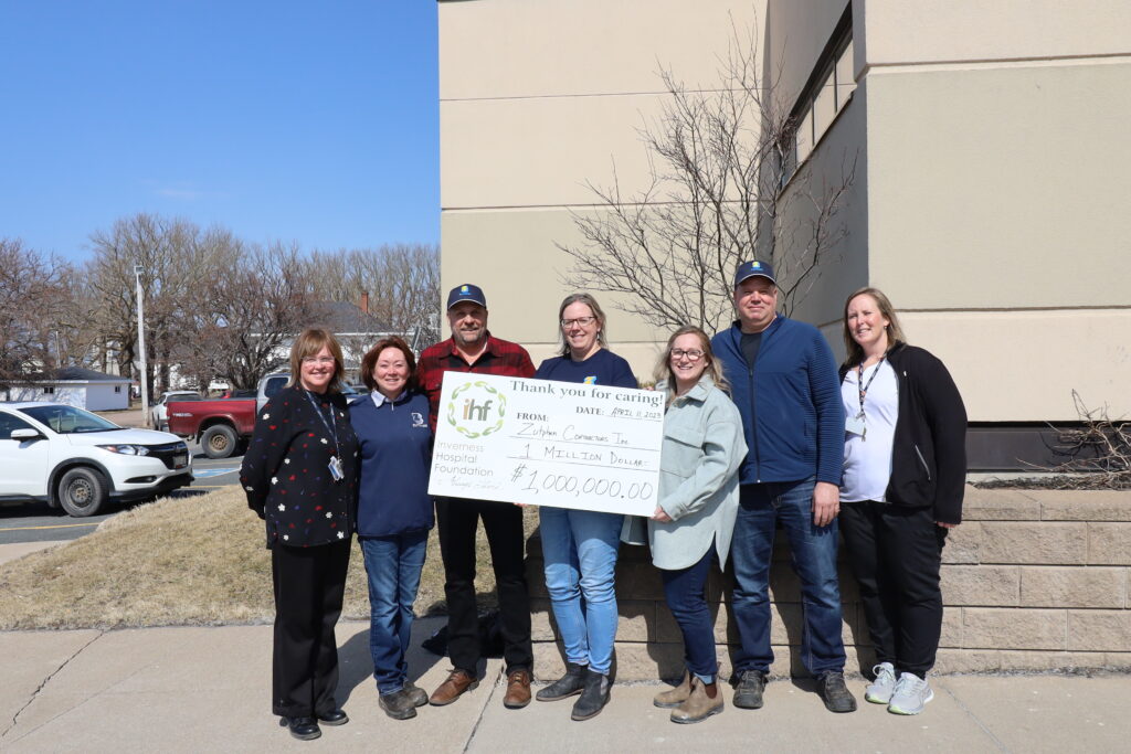 Taking part in the cheque presentation were, from left, Brenda Rankin MacDonald, ICMH Charitable Foundation fundraising coordinator, Zutphen employee Janet MacDonell, co-owner Leonard van Zutphen, Zutphen employees Lorraine MacIsaac and Nicole MacLean, co-owner Harvey van Zutphen, and ICMH facility manager Heather Gillis.