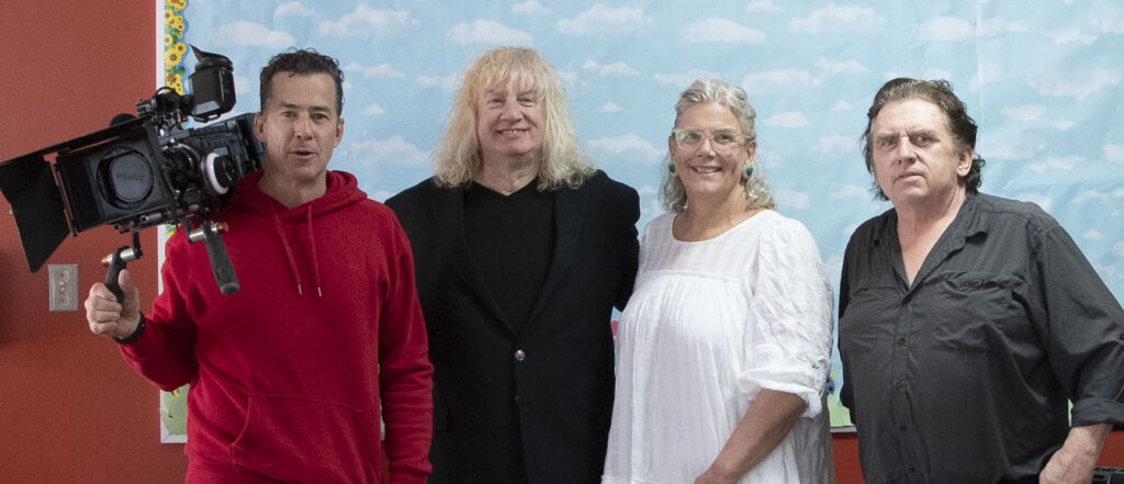 Patrick Doyle, executive director of the Unama’ki Motion Picture Co-operative, Bill Culp, creative economy development officer with Cape Breton Partnership, Pam Marston, vice-principal at We’koqma’q Mi’kmaw School, and Rob Smith, the school’s film and video teacher posing for a picture.